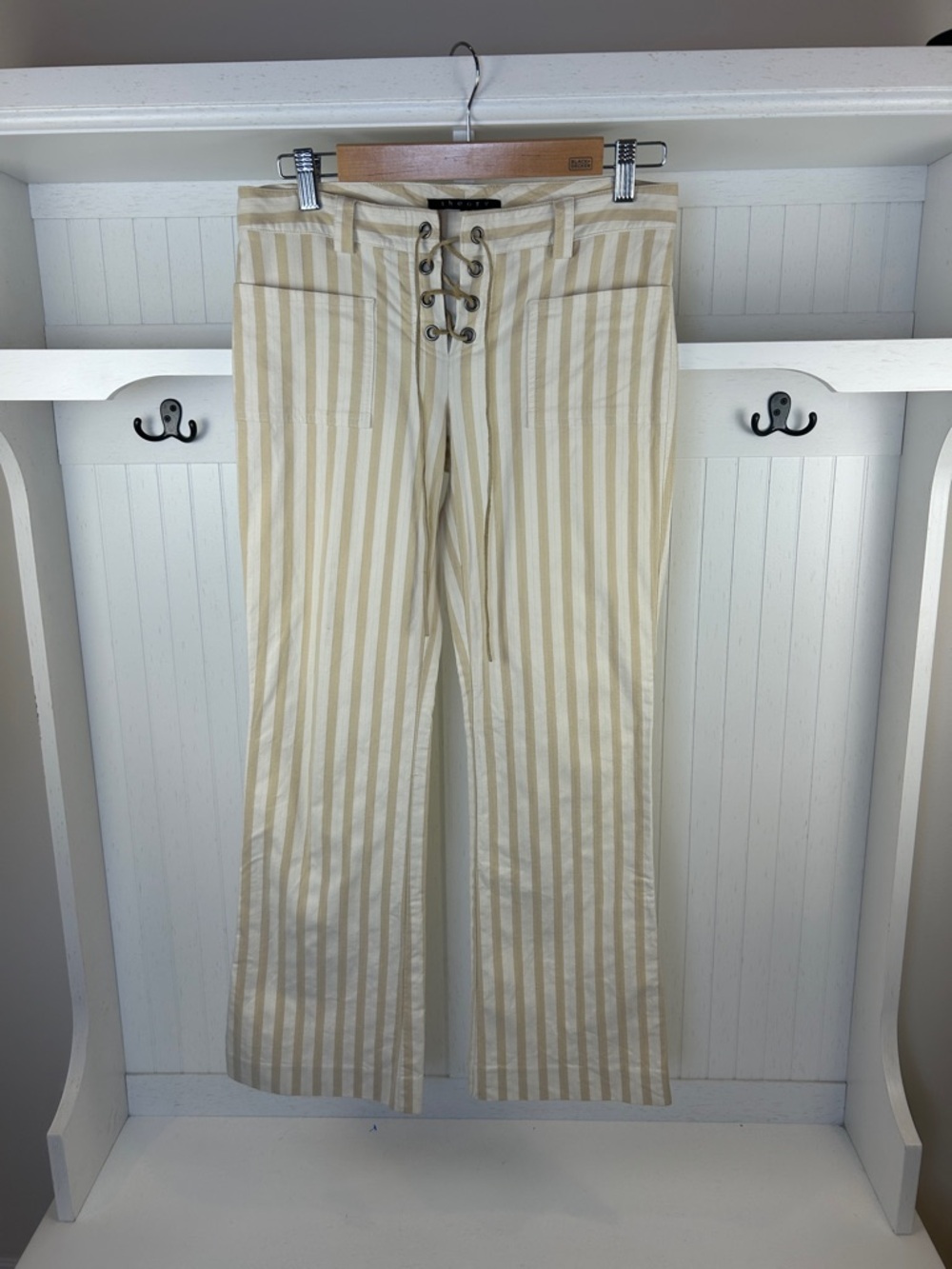 Theory Striped Cotton Lace Up Pants Cream Tan Size 4